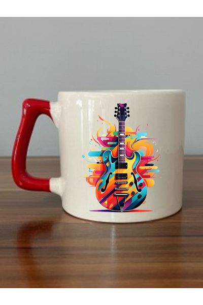lili hediyelik Red Handled Mug with Guitar Image - Ceramic Tea, Coffee Gift Cup