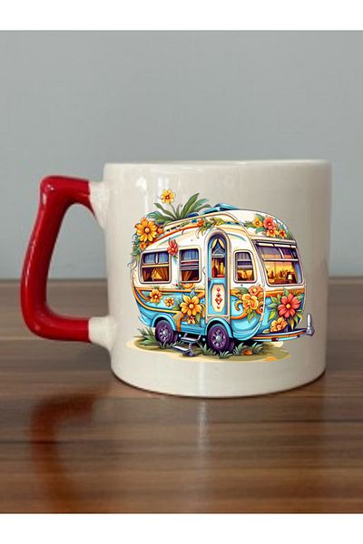 lili hediyelik Red Handled Mug with Floral Caravan Image - Ceramic Tea, Coffee Gift Cup