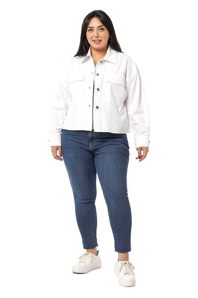 DISENTIS MODEST Large Size White Jacket with Flap Pockets and Dirty Stitching on the Skirt