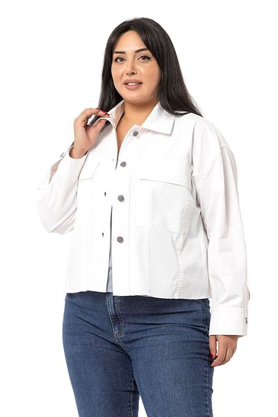 DISENTIS MODEST Large Size White Jacket with Flap Pockets and Dirty Stitching on the Skirt