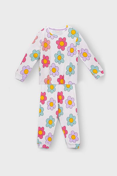 ZUZUNGA Colorful Daisy Patterned Ribbed Interlock Fabric 100% Cotton Girl's Pajama Set