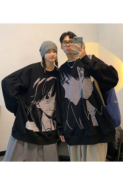 Köstebek Tricou negru Harajuku Anime Couple Boy cu mânecă lungă