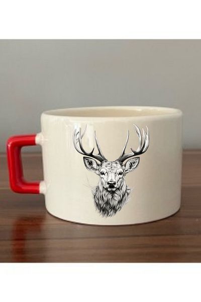 lili hediyelik Deer Printed Cup with Red Handle Ceramic Mug - Ceramic Tea, Coffee Gift Cup