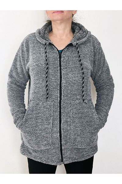 Farah Butik Women's Gray Plush Thick Zippered Hooded Pocket Jacket