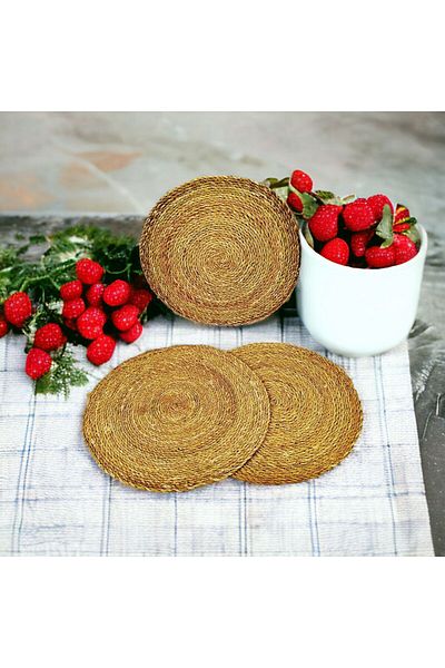Akkoyunlu home 6-Piece Placemat Wicker Knitted Plate Round Bamboo Quality Large 37 Cm