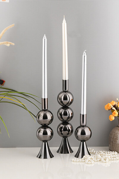 TR Turan Collection ELİT 3'lü Şamdan Seti Platin Renk Dekoratif Metal Mumluk