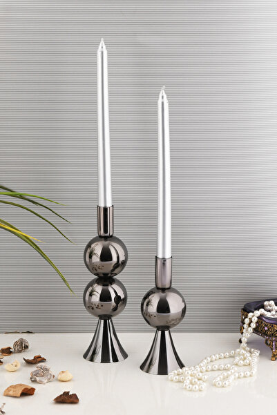 TR Turan Collection ELİT 2'li Şamdan Seti Orta-Küçük Platin Renk Dekoratif Me...