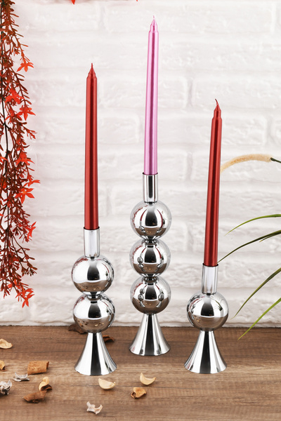 TR Turan Collection ELİT 3'lü Şamdan Seti Gümüş Renk Dekoratif Metal Mumluk