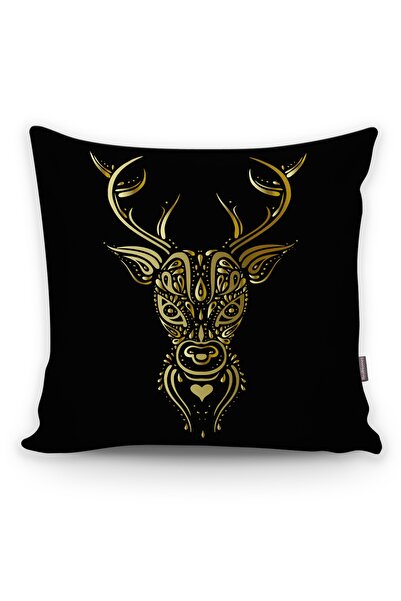 Realhomes Gold Embellished Deer Design Throw Pillow Cover on Black Background
