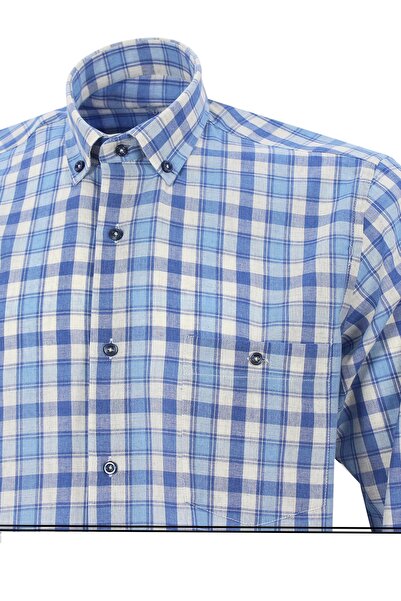 Varetta Ανδρικό πουκάμισο σκούρο μπλε 100% βαμβακερό μακρυμάνικο πέτο με κουμπιά μονή τσέπη καρό κλασικό πουκάμισο