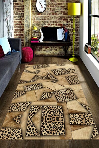 Resmiro Geometrik Leopar Tahta Desenli Dijital Baskılı Halı