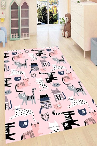 Resmiro Pembe Zemin Kedi Desenli Dijital Baskılı Halı