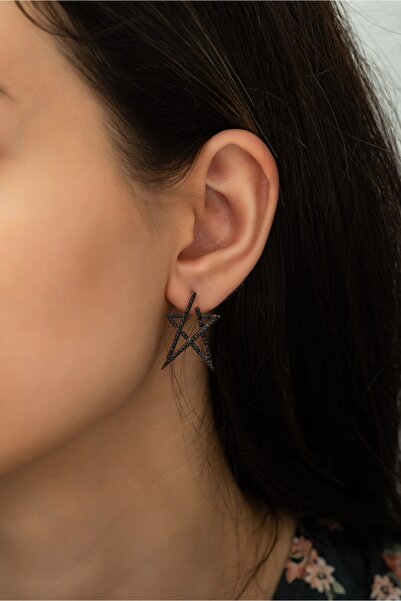 Nereze 925 Ayar Siyah Yıldız Çift Küpe Kadın Gümüş Küpe