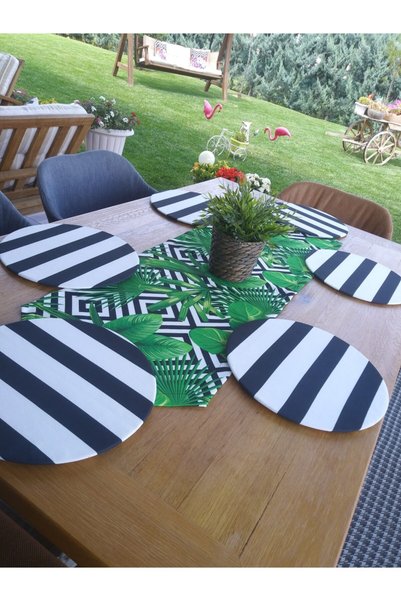 Ayşemce Placemat Set (Tropical Leaf Printed Runner)6 Black, white Striped Placemat.