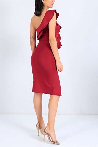 lovebox Flexible Fabric One Shoulder Ruffle and Slit Detailed Burgundy Evening Dress Burgundy Graduation Dress