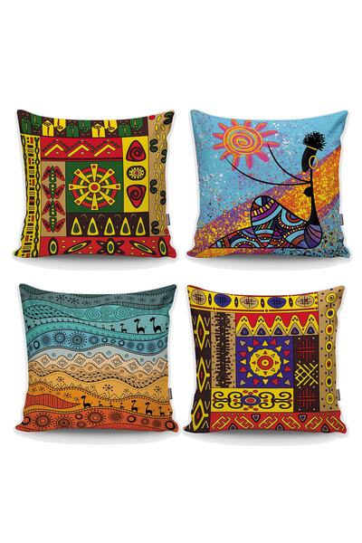Realhomes Etnik Güneş Tanrıçası Tasarımlı 4'lü Kırlent Kılıfı Seti