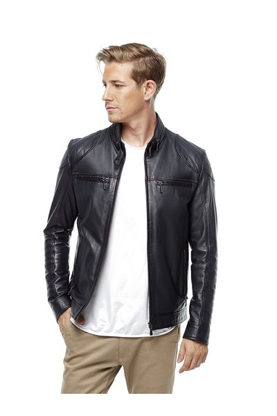 Hodore Men's Navy Blue Eston Leather Jacket