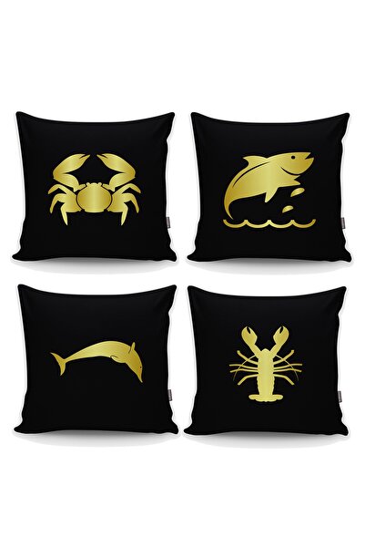 Realhomes Altın Renkli Deniz Canlısı Motifli 4'lü Kırlent Kılıfı Seti