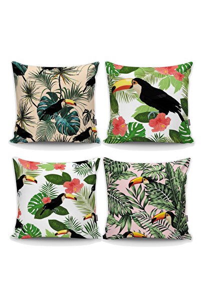 Realhomes Tropikal Palmiye Yapraklar Üzerine Tukan Kuş Motifli 4'lü Kırlent K...