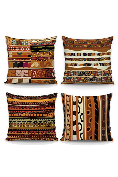 Realhomes Kahverengi Etnik Süsler Karışık Desenli Dekoratif 4'lü Kırlent Kılı...