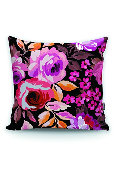Realhomes Siyah Zeminde Çiçek Motifli Yastık Kırlent Kılıfı