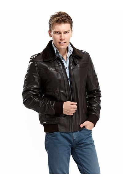 Hodore Men's Brown Fur Collar Leather Coat