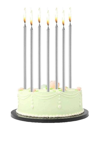 Parti dolabı 6 Pieces Long Thin Silver Cake Candle 20 Cm Shiny Gray Candle Candle Base