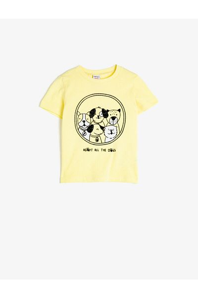 Koton Boy's Yellow Crew Neck Letter Printed Short Sleeve T-Shirt