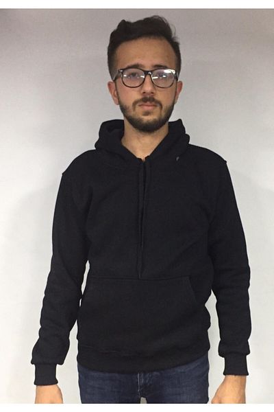 BENESSE Hanorac negru cu glugă cu buzunar cangur pentru bărbați