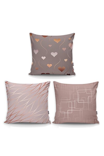 Realhomes Nude Tonlarında Kare Çizgi Ve Kalp Desenli Dekoratif 3'lü Kırlent K...