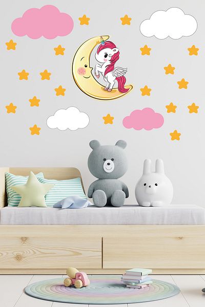 Tilki Dünyası Autocolant drăguț cu unicorn, stele galbene și nori fucsia și albi