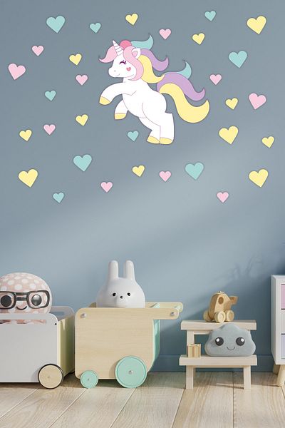 Tilki Dünyası Unicorn and Colorful Hearts Baby and Kids Room Wall Sticker
