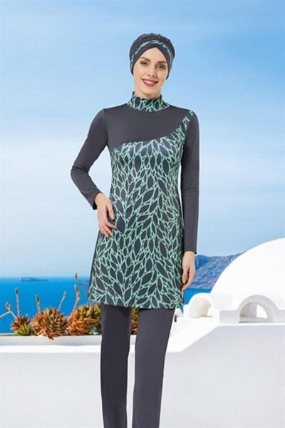LADYTES Women's Gray Patterned Long Sleeve Hijab Swimsuit 2450
