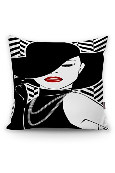 Realhomes Siyah Beyaz Çizgi Zeminde Siyah Şapkalı Kadın Tasarımlı Kırlent Kılıfı
