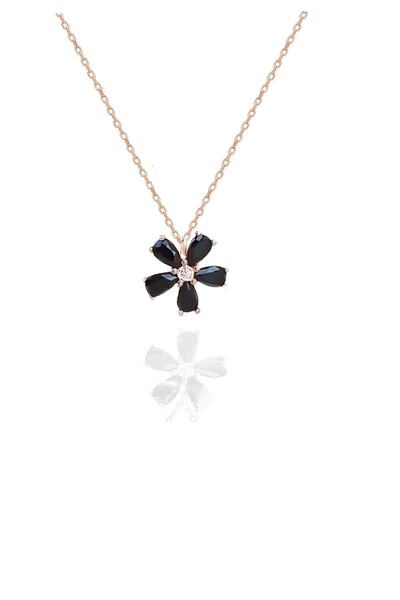 Trend Silver Gümüş Rose Oniks Siyah Taşlı Çiçek Kolye Papatya Kolye