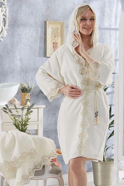 Bonny Home Γυναικεία Κρέμα Γαλλική Δαντέλα Νυφικό Σετ Μπουρνούζι Τουρκικού Μπάνιου