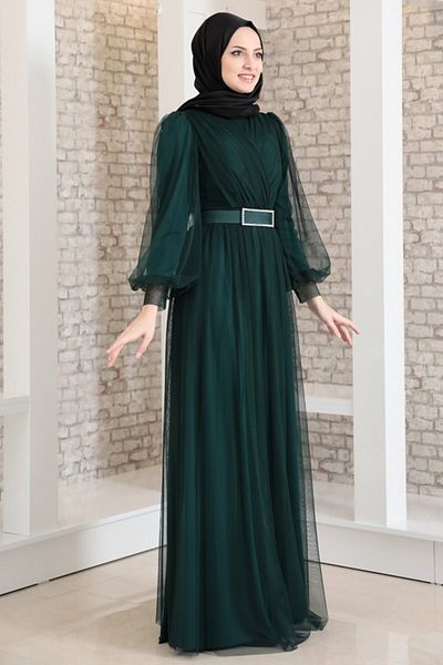 Fashion Showcase Rochie de seara de dama verde petrol cu detaliu din tul cu pietre Fsc2020