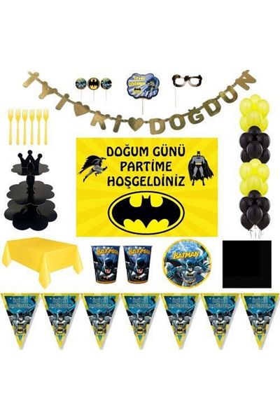 Batman Yellow Black Luxury Birthday Party Supplies Set with Banners for 16 People