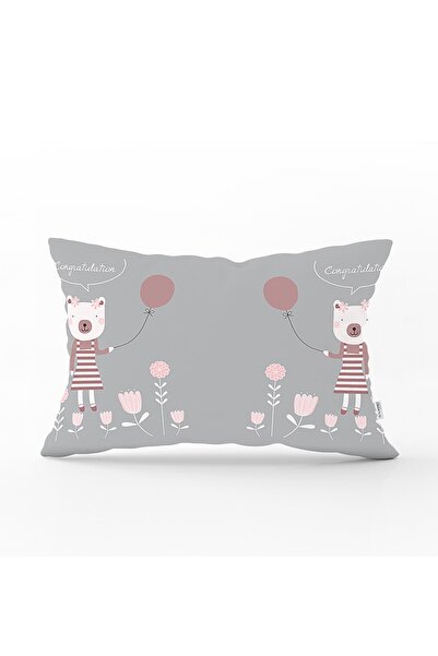 Realhomes Față de pernă dreptunghiulară pentru camera bebelușului cu model de balon și ursuleț pe podea roz