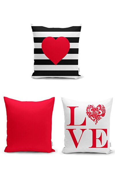 Realhomes Kırmızı Konsepti Love Yazılı Kalp Motifli Kırlent Kılıfı Seti 3'lü