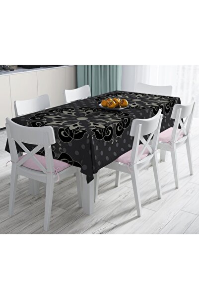Realhomes Siyah Özel Tasarım Dijital Baskılı Leke Tutmaz Masa Örtüsü 120x140 cm