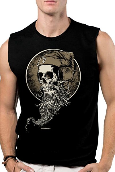 ROCKANDROLL Γενειοφόρος Κρανίο Μαύρο Κομμένο Μανίκι |   Αμάνικο ανδρικό μπλου...