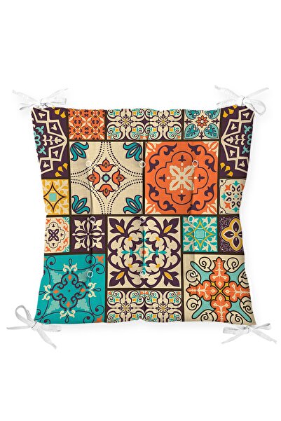 Realhomes Ethnic Cream Three Large Square Pattern Designed Fluffy Chair Cushion