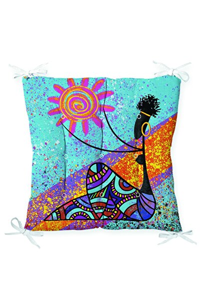 Realhomes Ethnic Orange Red Sun Holding Black Women's Printed Puffy Chair Cus...
