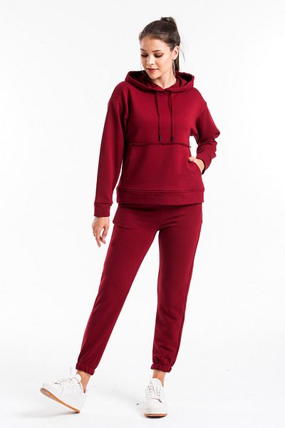 CAYA Women's Burgundy Dirty Stitching Kangaroo Pocket Detailed Tracksuit Set Cy84186