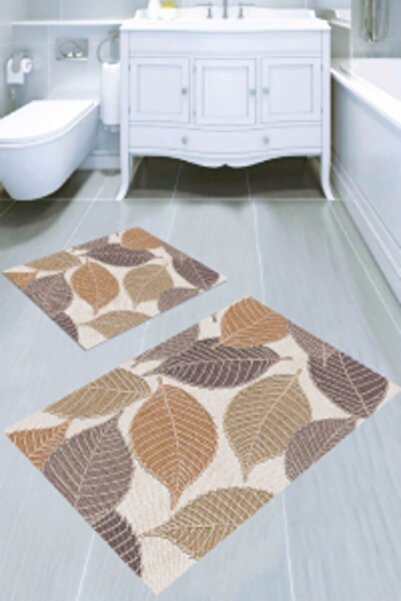 Resmiro Bej Kabartma Yaprak Desenli Banyo Paspası 2'li 50x60 cm 60x100 cm