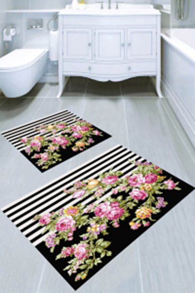 Resmiro Siyah Çizgi Pembe Çiçek Desenli 2li Banyo Paspası 50x60 Cm - 60x100 Cm