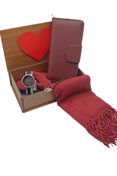 HediyeSet Kadın Kol Saati Paşmina Şal Cüzdan Taşlı Makrome Bileklik Hediye Seti