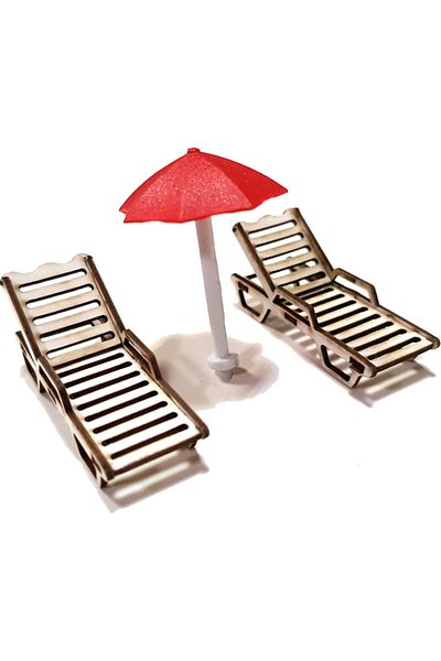 Dytac 3-Piece Model Wooden Chaise Lounge & Umbrella 1:50 Scale (vım-50)