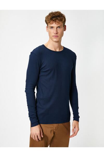 Koton Erkek Lacivert Pamuklu Bisiklet Yaka Uzun Kolu T-Shirt